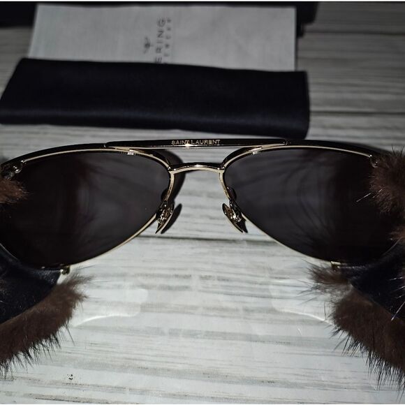 SAINT LAURENT Mink Fur Sunglasses Aviator Classic 11 Shields With Storage Case - Picture 9 of 12